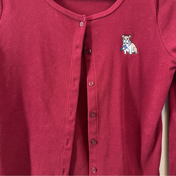 Madden Girl Ribbed Cardigan Burgundy Red Bulldog Embroidery Button Front Size M - Picture 6 of 8